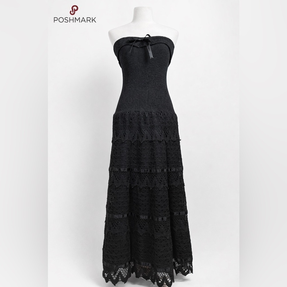 Vintage Strapless Black Knit & Crochet Lace Maxi Dress